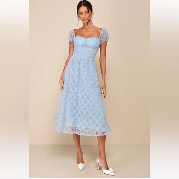Lulus Dresses & Skirts - LULUS  EXCEEDINGLY ELEGANT BLUE FLORAL APPLIQUÉ BUSTIER MIDI DRESS SZ L NWT